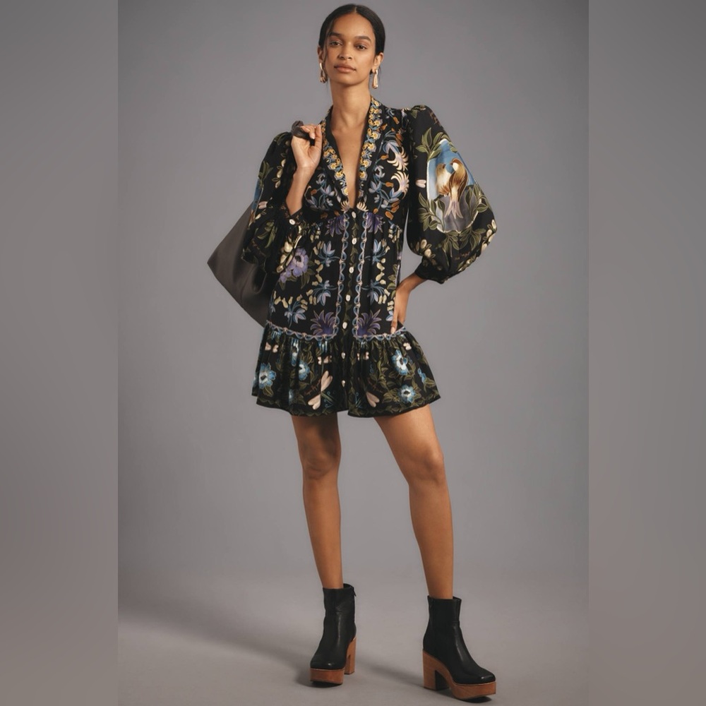 FARM Rio Birds of Paradise Botanical Mini Dress Puff Sleeve Button Front Size S
